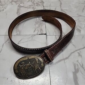 Vintage Tony Lama Leather Belt Men's 38-40 Western Cowboy Brass Buckle
